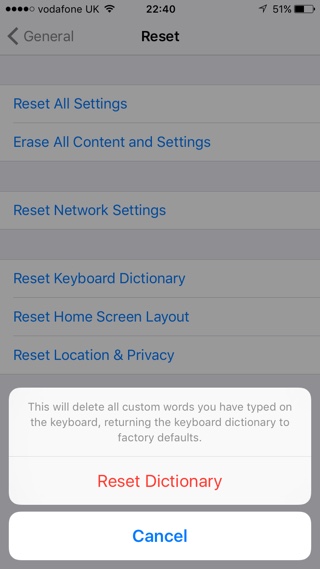 Keyboard Dictionary reset iOS