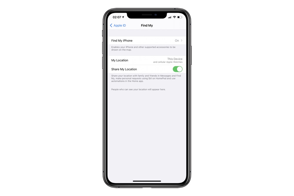 Find My Share My Location toggle